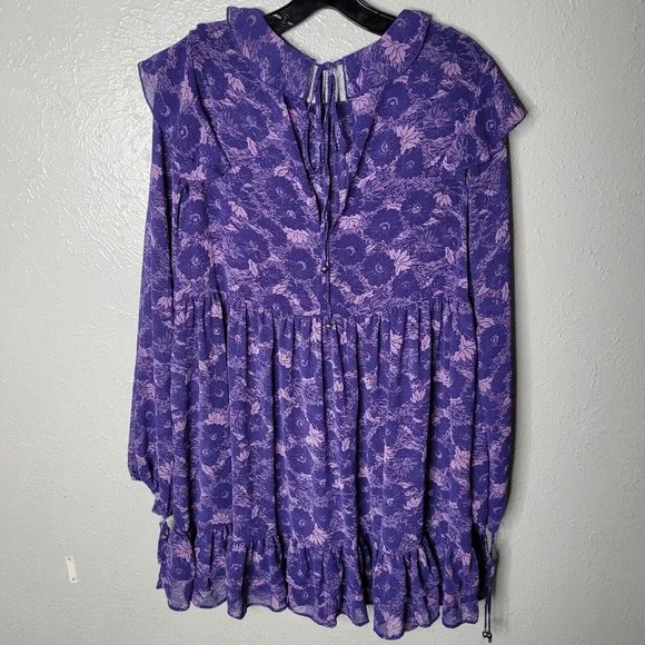 Free People Purple Floral Ruffle Long Sleeve These Dreams Mini Dress Size Sm - Picture 7 of 8